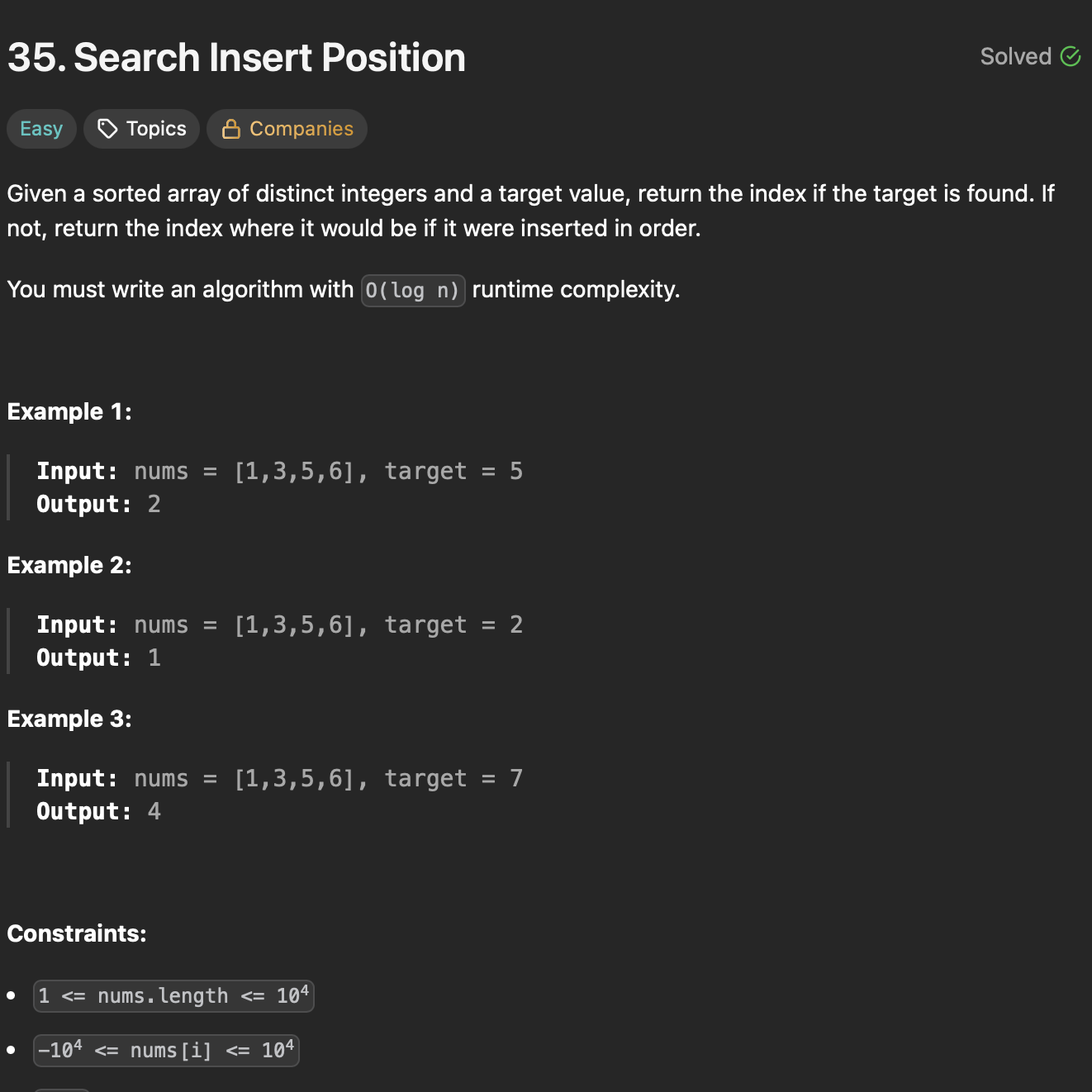 LC: 35: Search Insert Position